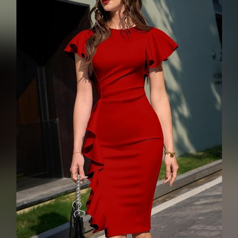 Elegant Red Ruffle Sleeve Dress, Ruffle Sleeve Ruched Bodycon Midi Dress
